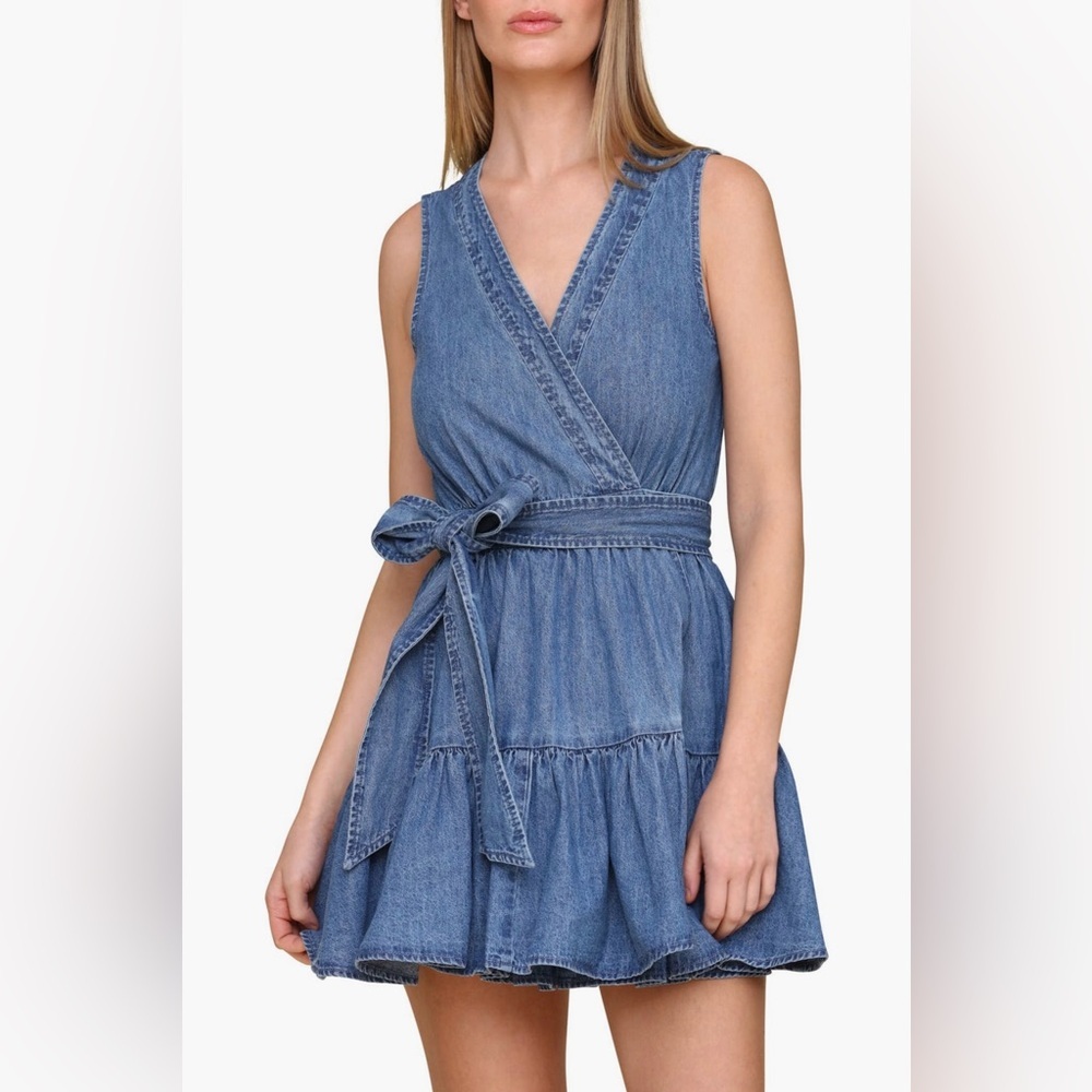 Avec Les Filles Blue Denim Sleeveless Wrap Mini Dress